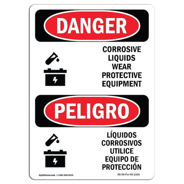 Safety Sign, OSHA Danger, 5" Height, Corrosive Liquids Bilingual Spanish, 10PK